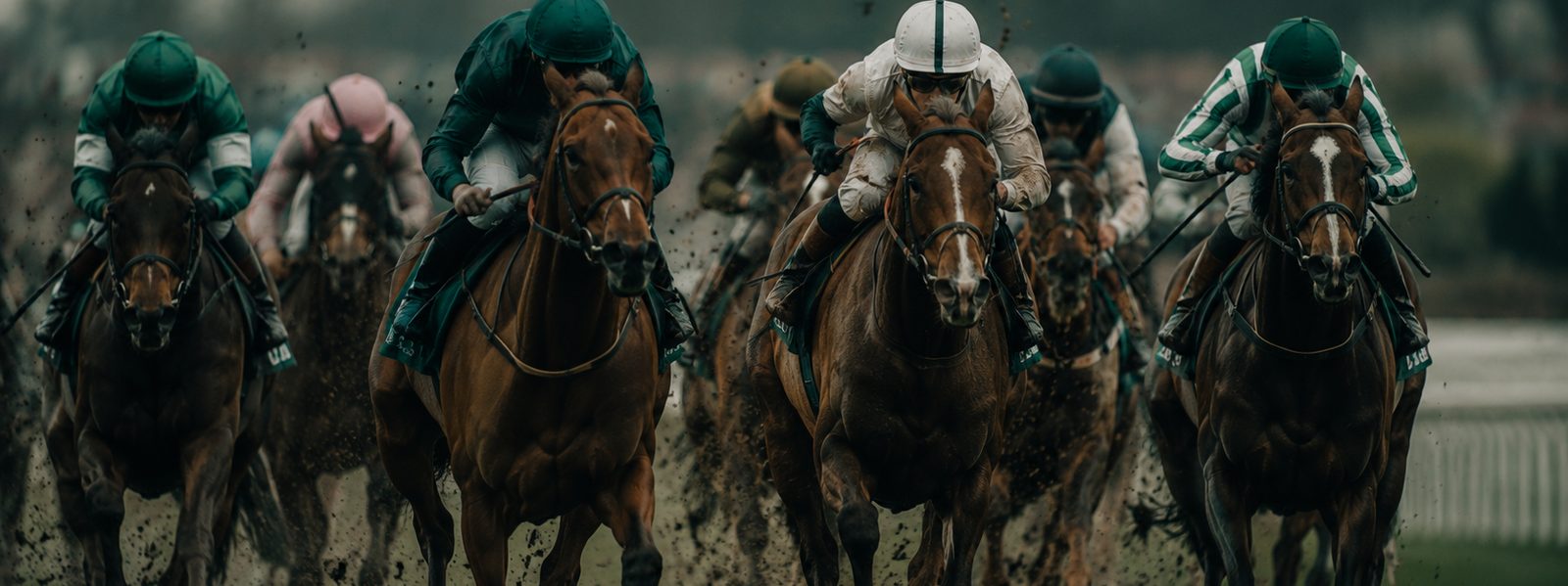 A tight pack of racehorses galloping mid-race at a British racecourse