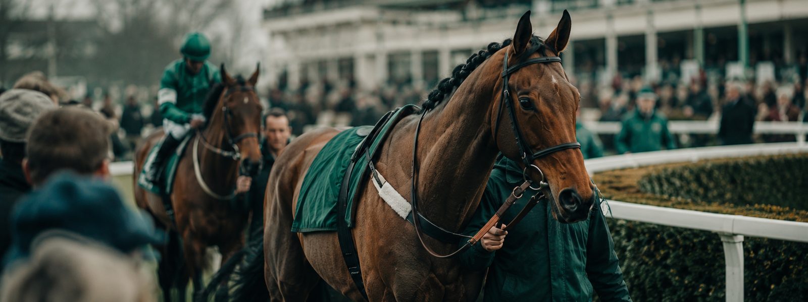 Racehorses in the parade ring before a Grand National race at Aintree