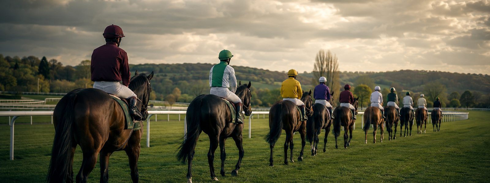 Racehorses walking out onto the course before a race at a British racecourse