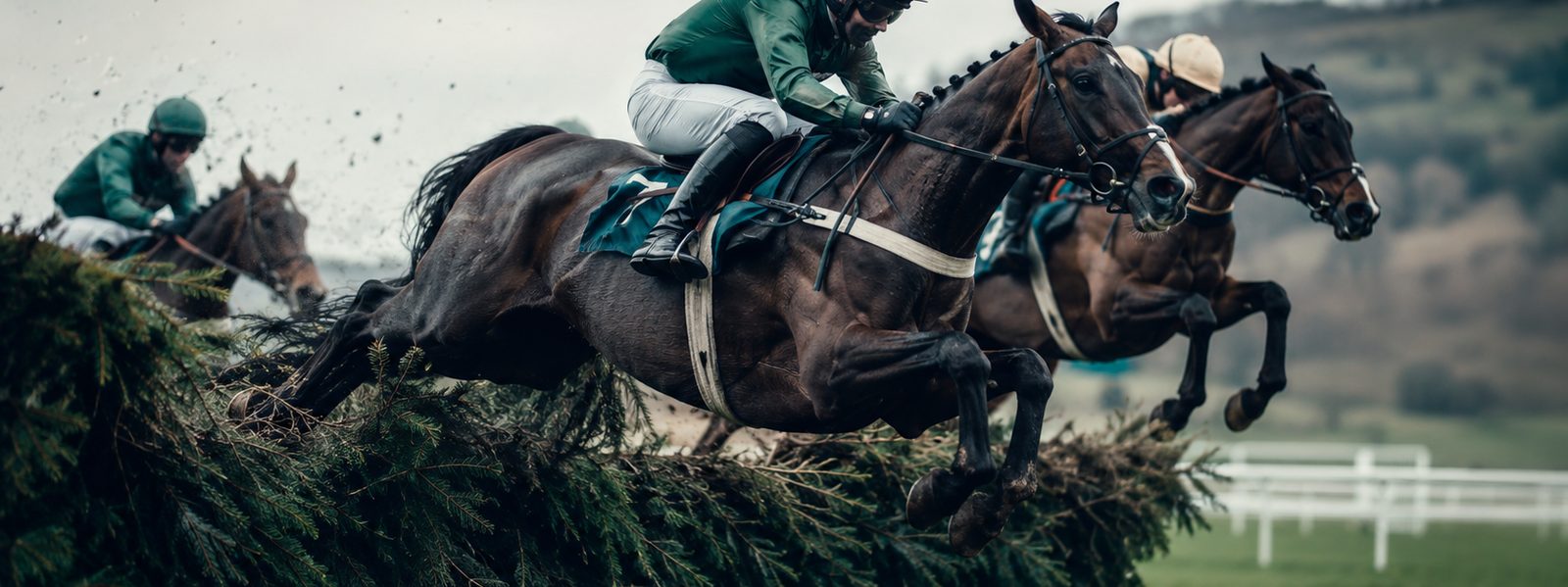 Racehorses and jockeys clearing a large spruce fence at Aintree
