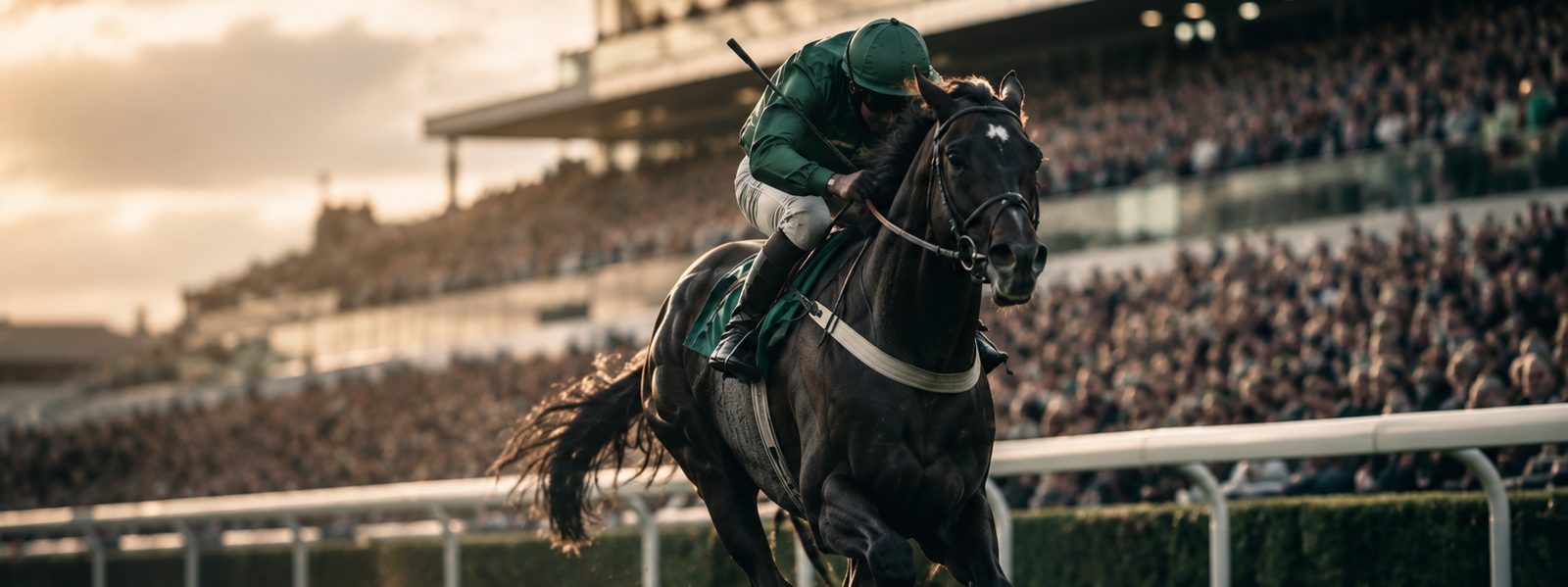 A racehorse and jockey galloping to the finish before a grandstand crowd