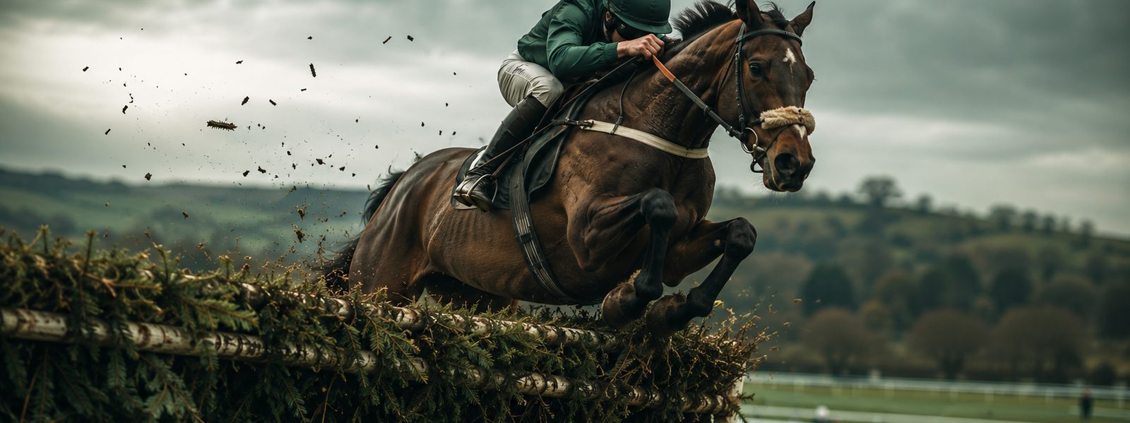 Racehorses and jockeys jumping a fence in the Grand National at Aintree