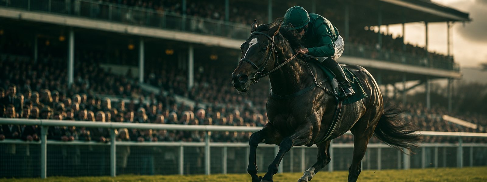 A racehorse and jockey on the track before a packed Aintree grandstand