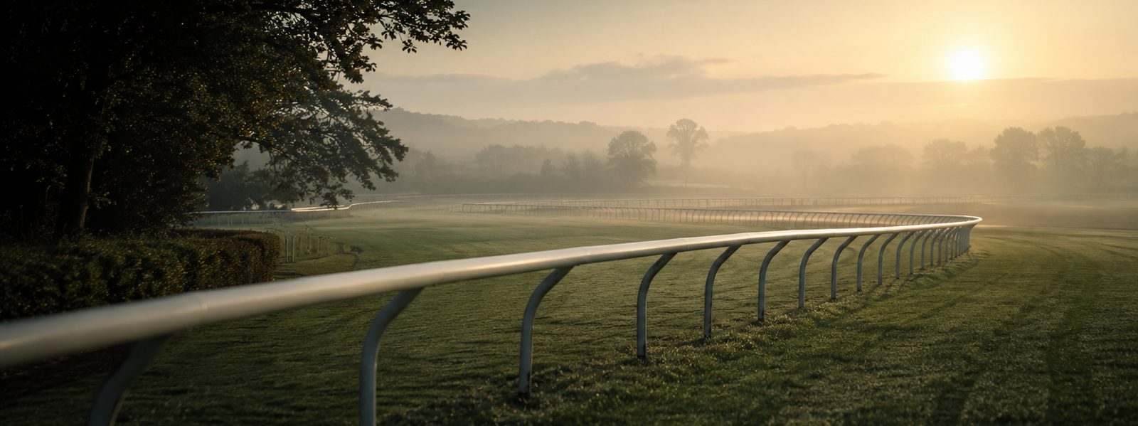 A quiet, empty British racecourse at dawn